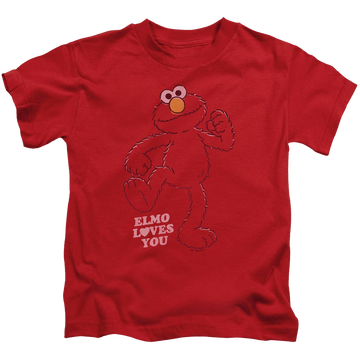 Red kid's t-shirt for ages 4 to 7 with Sesame Street Elmo Loves You graphic