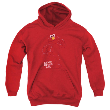 Red youth hoodie for ages 8 to 12 with Sesame Street Elmo Loves You graphic