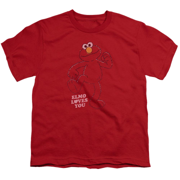 Red youth t-shirt for ages 8 to 12 with Sesame Street Elmo Loves You graphic