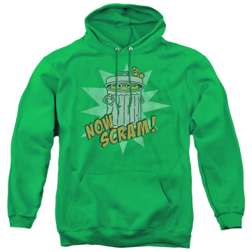 Kelly green pullover hoodie with Sesame Street Now Scram graphic