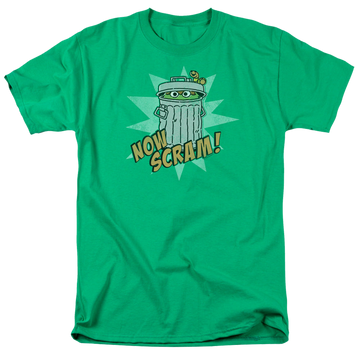 Kelly green men's regular fit t-shirt with Sesame Street Now Scram graphic
