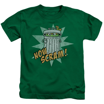 Kelly green kid's t-shirt for ages 4 to 7 with Sesame Street Now Scram graphic
