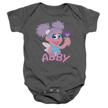 Charcoal baby bodysuit with Sesame Street Flat Abby graphic