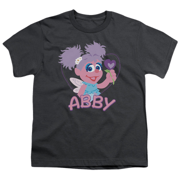Charcoal youth t-shirt for ages 8 to 12 with Sesame Street Flat Abby graphic