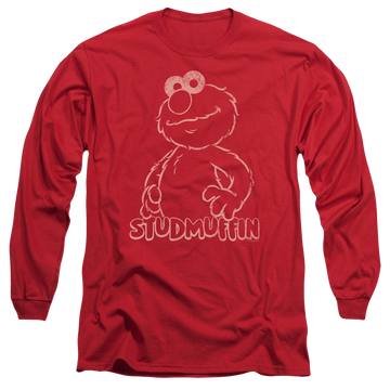 Red men's long sleeve t-shirt with Sesame Street Studmuffin graphic