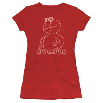 Red juniors t-shirt with Sesame Street Studmuffin graphic