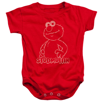 Red baby bodysuit with Sesame Street Studmuffin graphic