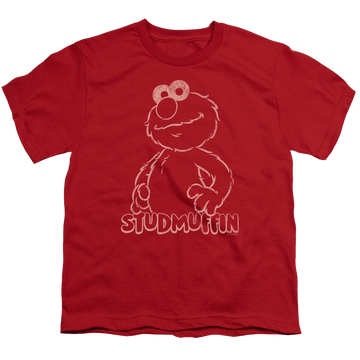 Red youth t-shirt for ages 8 to 12 with Sesame Street Studmuffin graphic