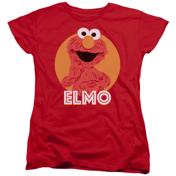 Red women's t-shirt with Sesame Street Elmo Scribble graphic
