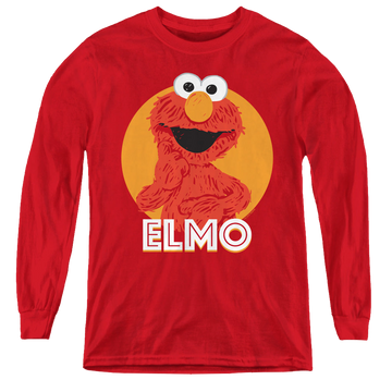 Red youth long sleeve t-shirt with Sesame Street Elmo Scribble graphic