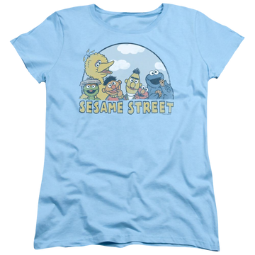 Light blue women's t-shirt with Sesame Street Sesame Group graphic