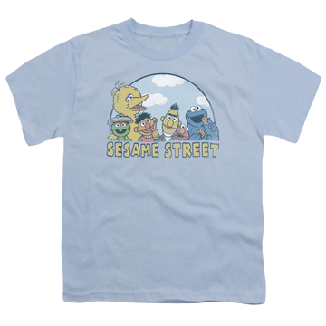Light blue youth t-shirt for ages 8 to 12 with Sesame Street Sesame Group graphic