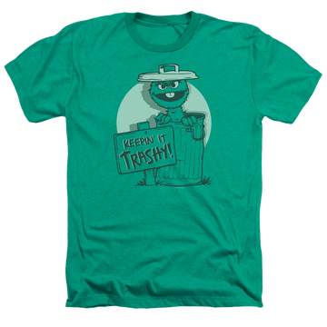 Kelly green men's heather t-shirt with Sesame Street Keepin It Trashy graphic