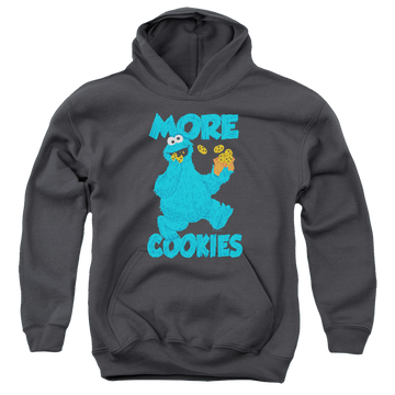 Charcoal youth hoodie for ages 8 to 12 with Sesame Street More Cookies graphic