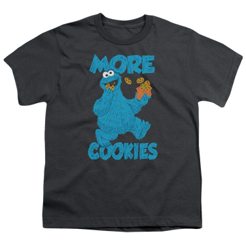 Charcoal youth t-shirt for ages 8 to 12 with Sesame Street More Cookies graphic