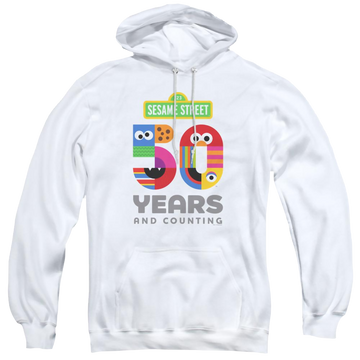 White pullover hoodie with Sesame Street 50 Years Logo graphic