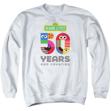 White men's crewneck sweatshirt with Sesame Street 50 Years Logo graphic