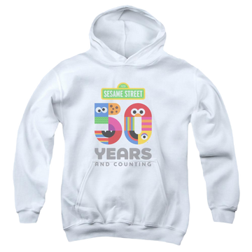 White youth hoodie for ages 8 to 12 with Sesame Street 50 Years Logo graphic