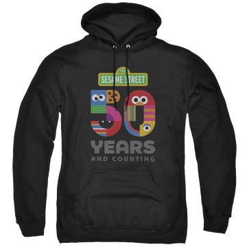 Black pullover hoodie with Sesame Street 50 Years Logo graphic