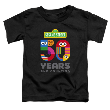 Black toddler t-shirt with Sesame Street 50 Years Logo graphic