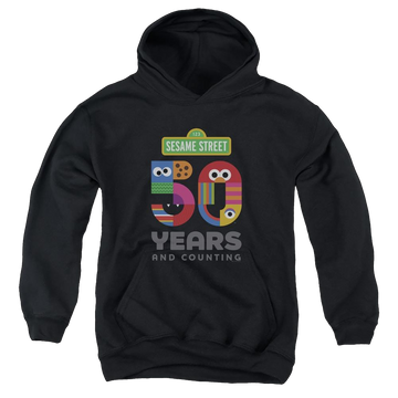 Black youth hoodie for ages 8 to 12 with Sesame Street 50 Years Logo graphic