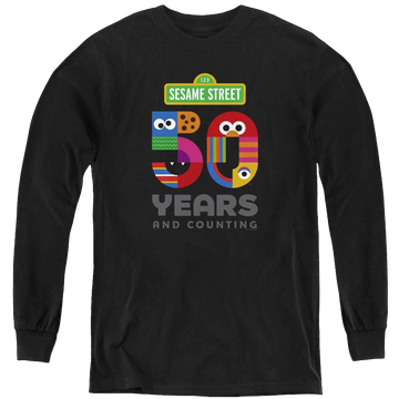 Black youth long sleeve t-shirt with Sesame Street 50 Years Logo graphic