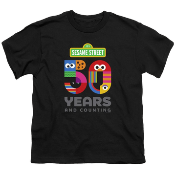 Black youth t-shirt for ages 8 to 12 with Sesame Street 50 Years Logo graphic