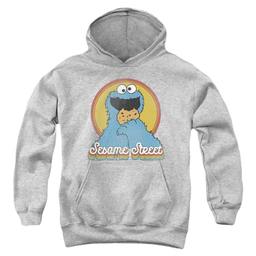 Athletic heather youth hoodie for ages 8 to 12 with Sesame Street Cookie Monster Layers graphic