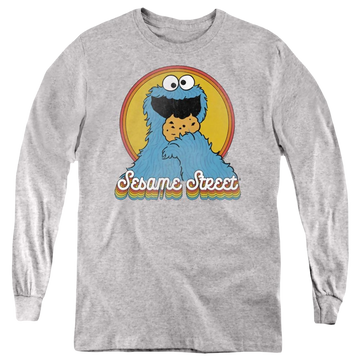 Athletic heather youth long sleeve t-shirt with Sesame Street Cookie Monster Layers graphic