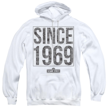 White pullover hoodie with Sesame Street Since 1969 Pattern graphic