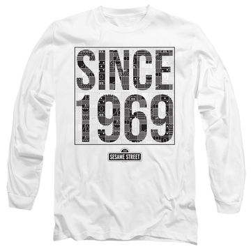 White men's long sleeve t-shirt with Sesame Street Since 1969 Pattern graphic