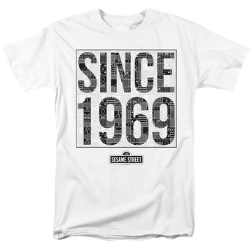 White men's regular fit t-shirt with Sesame Street Since 1969 Pattern graphic