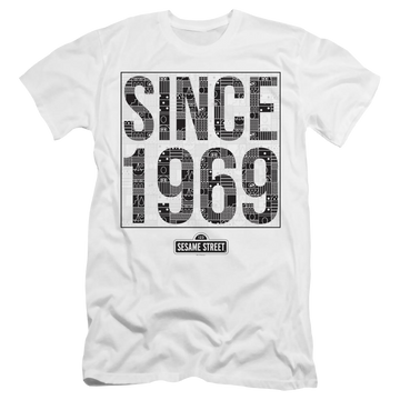 White men's premium slim fit t-shirt with Sesame Street Since 1969 Pattern graphic