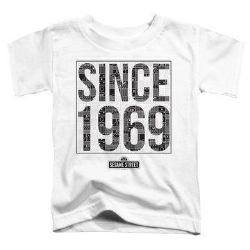 White toddler t-shirt with Sesame Street Since 1969 Pattern graphic