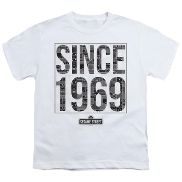 White youth t-shirt for ages 8 to 12 with Sesame Street Since 1969 Pattern graphic