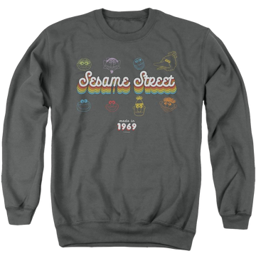 Charcoal men's crewneck sweatshirt with Sesame Street Made In 1969 graphic