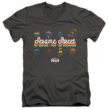 Charcoal men's v-neck t-shirt with Sesame Street Made In 1969 graphic