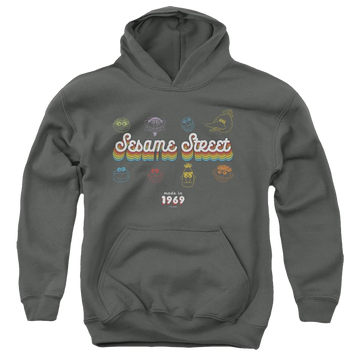 Charcoal youth hoodie for ages 8 to 12 with Sesame Street Made In 1969 graphic