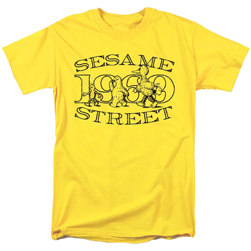 Yellow men's regular fit t-shirt with Sesame Street Friend Stroll graphic