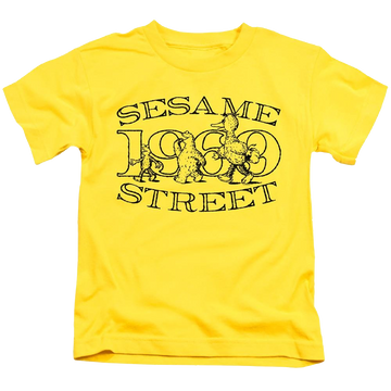Yellow kid's t-shirt for ages 4 to 7 with Sesame Street Friend Stroll graphic