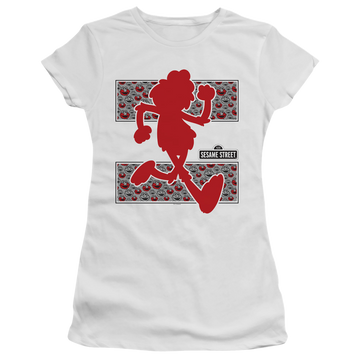 White juniors t-shirt with Sesame Street Elmo Runs graphic