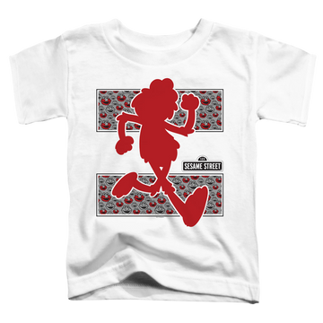 White toddler t-shirt with Sesame Street Elmo Runs graphic
