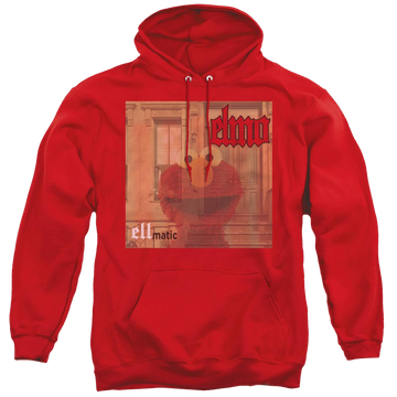 Red pullover hoodie with Sesame Street Ellmatic graphic