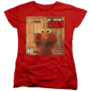 Red women's t-shirt with Sesame Street Ellmatic graphic
