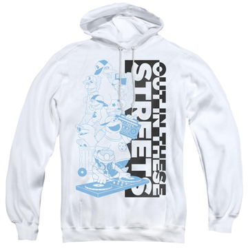 White pullover hoodie with Sesame Street Out In These Streets graphic
