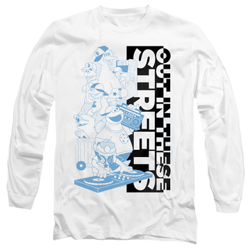 White men's long sleeve t-shirt with Sesame Street Out In These Streets graphic