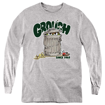 Athletic heather youth long sleeve t-shirt with Sesame Street Grouch graphic
