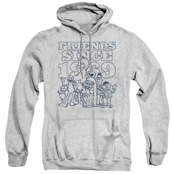 Athletic heather pullover hoodie with Sesame Street Friends Since graphic