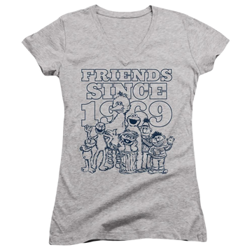 Athletic heather juniors v-neck t-shirt with Sesame Street Friends Since graphic
