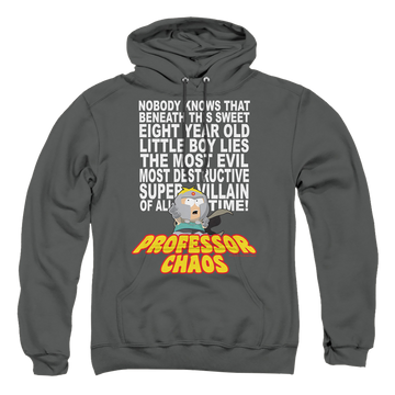 Charcoal pullover hoodie with South Park Professor Chaos graphic